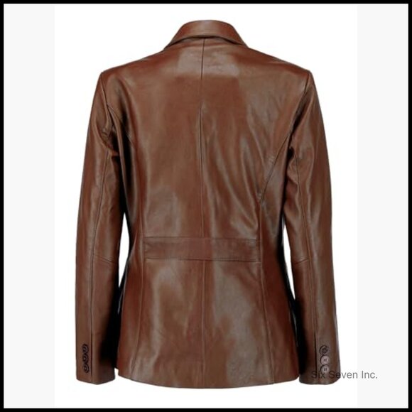 Lambskin Leather Blazer Jacket Women Long Sleeves Notched Lapel - Picture 3 of 7